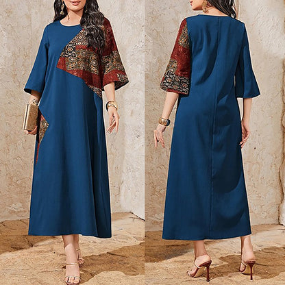 Women's Printed Patchwork Flared Sleeve Casual Dress