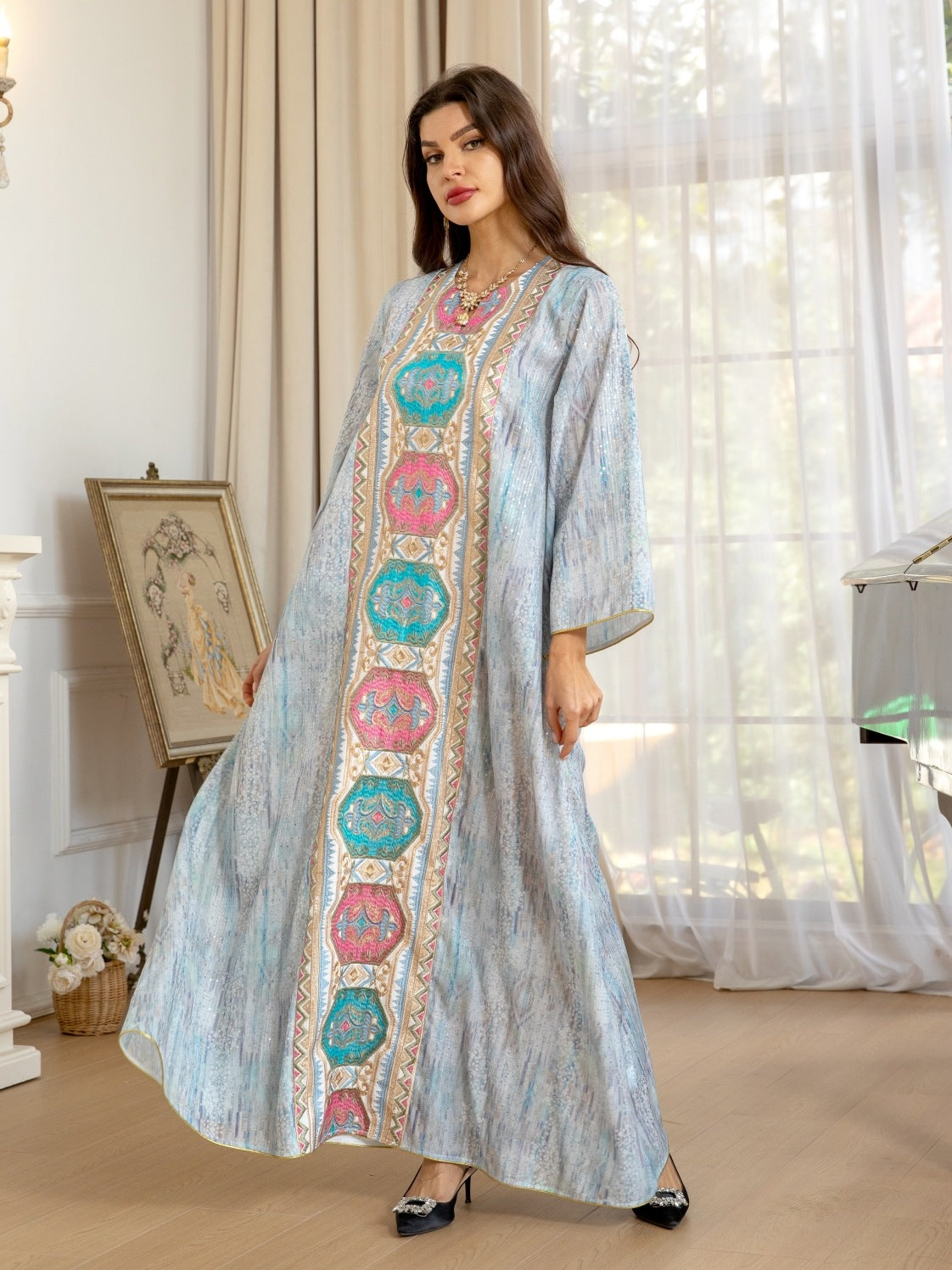 Women's Printed Beaded Embroidered Pullover Dress