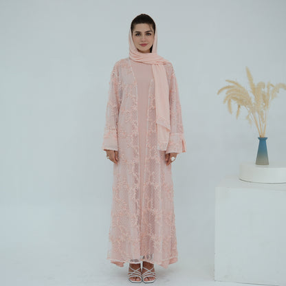 Elegant 3D Floral Mesh Open Abaya with Optional Inner Dress and Scarf