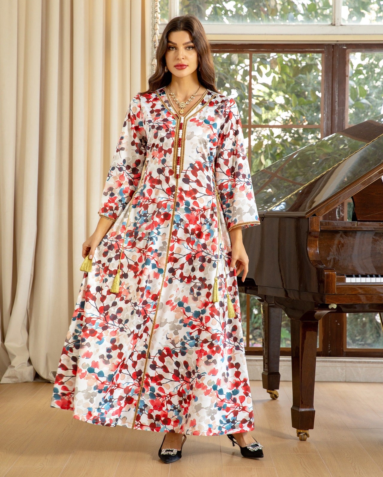 Printed Diamond Gold Waist Rope Jalabiya Dress