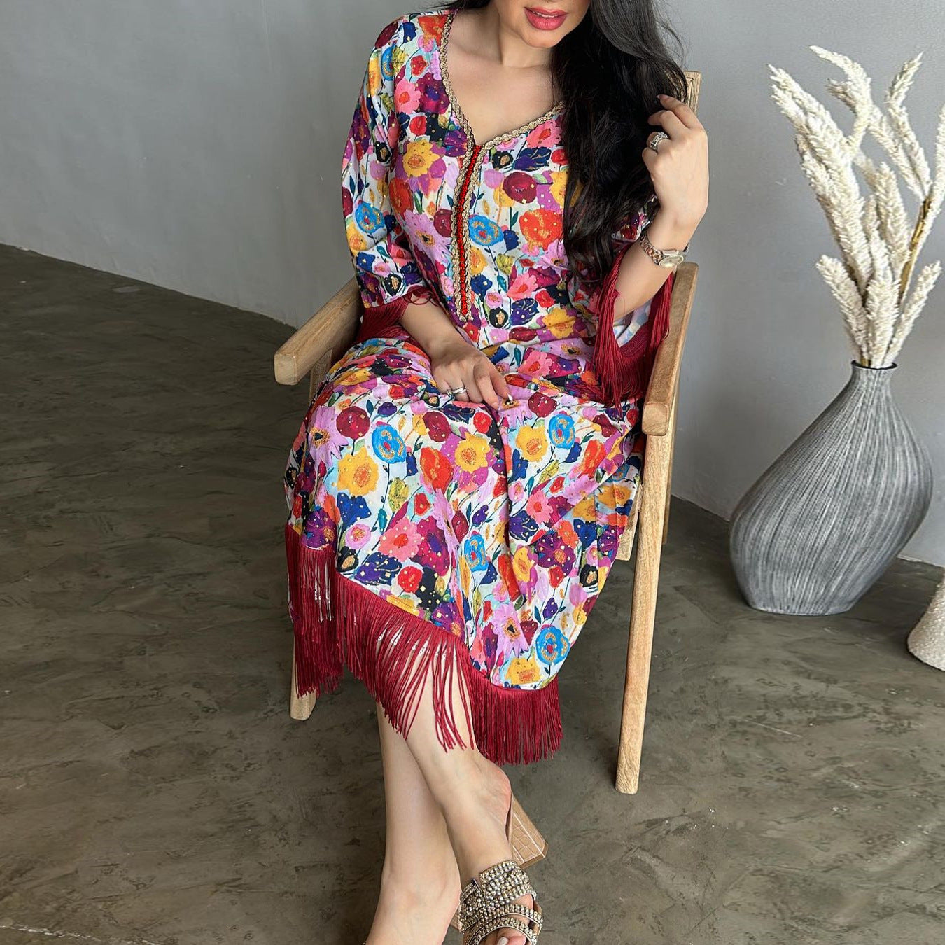 Women's Gilded Print Casual Jalabiya Dress
