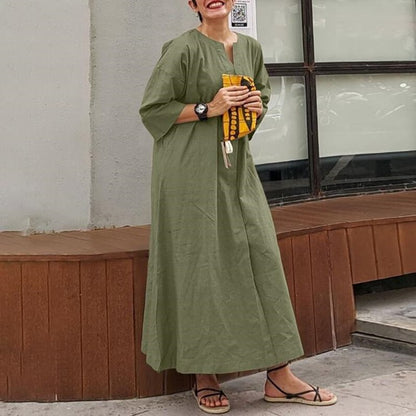 Solid Color Loose Casual Cotton and Linen Dress