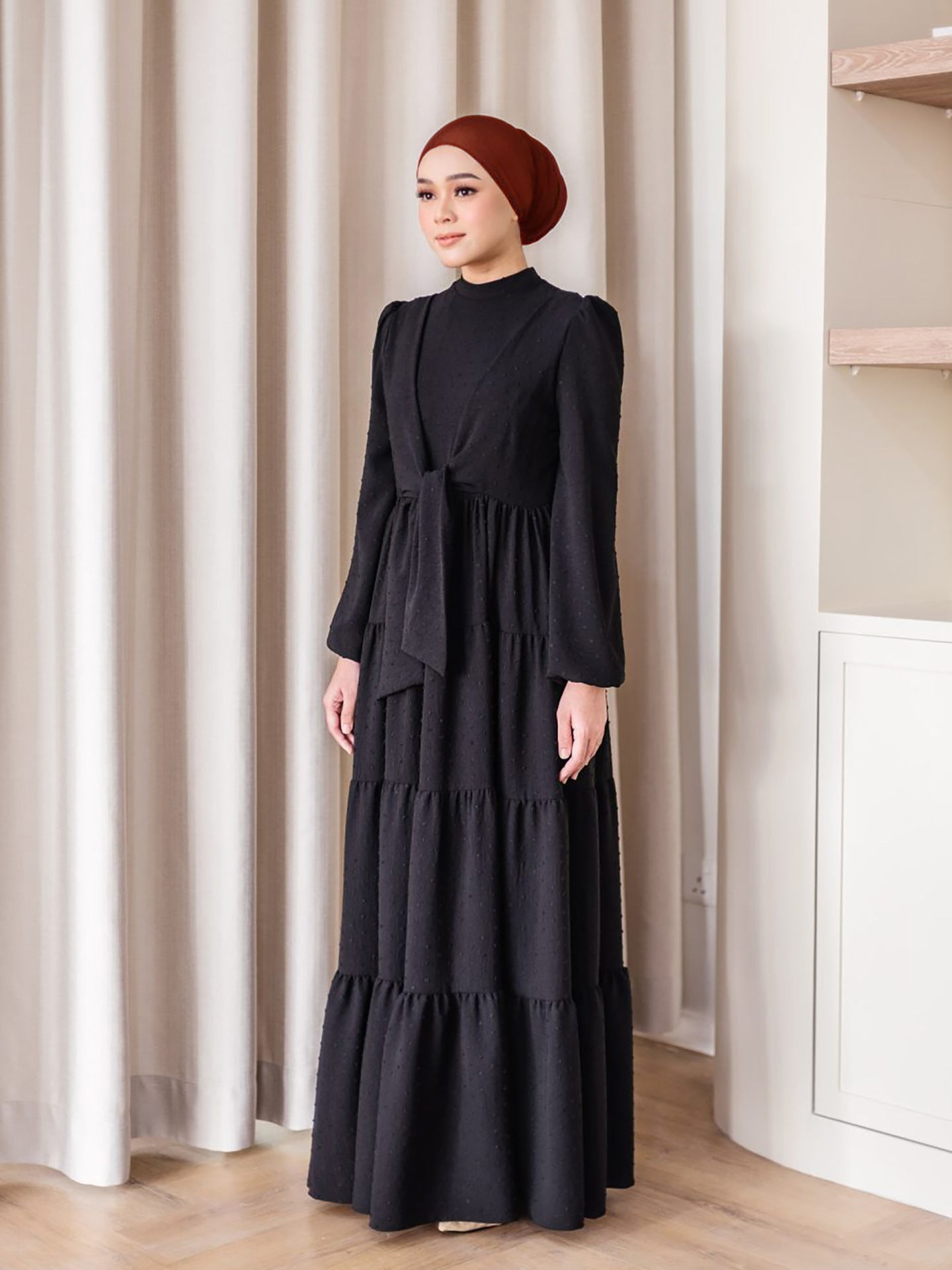 Ruffle Trim Maxi Dress with Lantern Sleeves