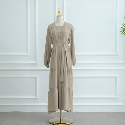 Modest Two Piece Maxi Dress with Open Abaya and Belt
