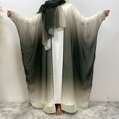 Muslim Chiffon Cardigan Gradient Bat Sleeve Set with Hijab