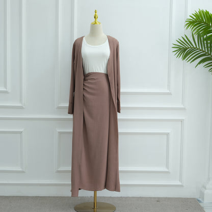 Modest Solid Color Cardigan and Maxi Skirt Two-Piece Set for Women
