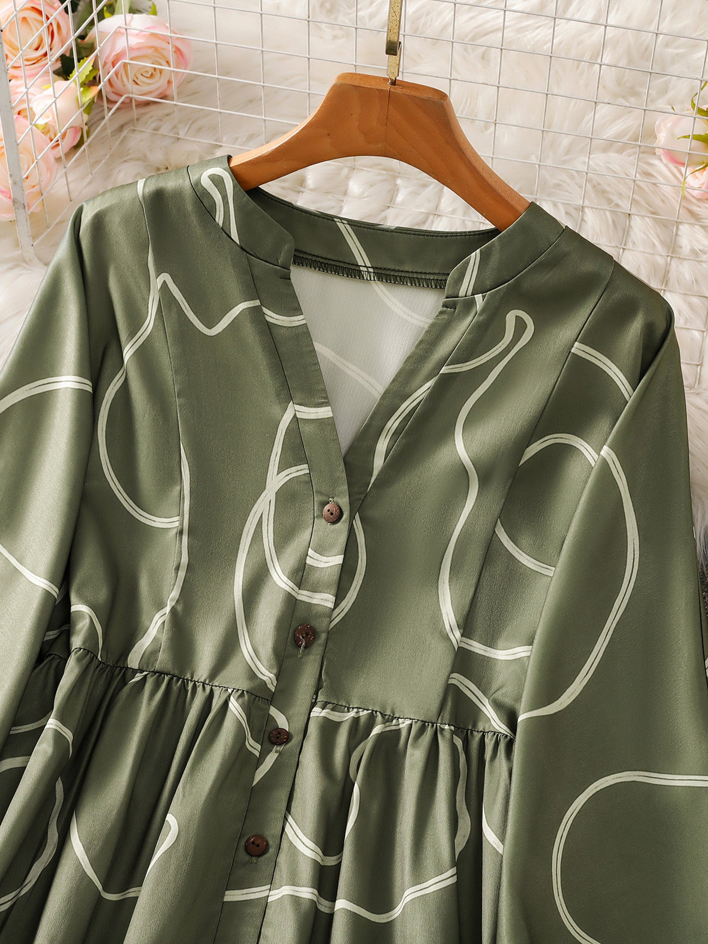 Printed Satin-Feel Loose Fit V-Neck Modest Maxi Dress