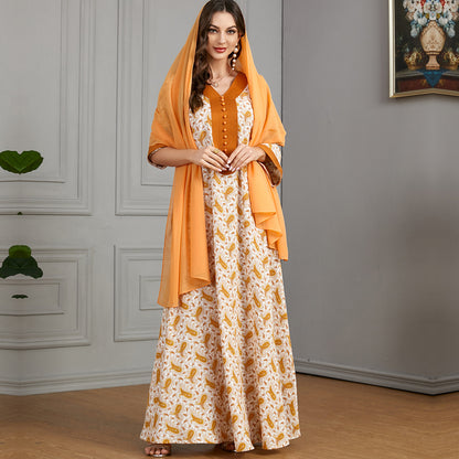 V-neck Panels Stud-buttoned Casual Abaya Dress