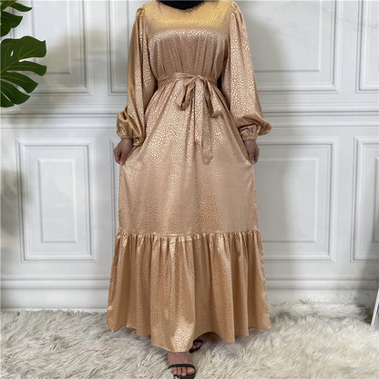 Modest Gold Jacquard Abaya Maxi Dress for Muslim Women