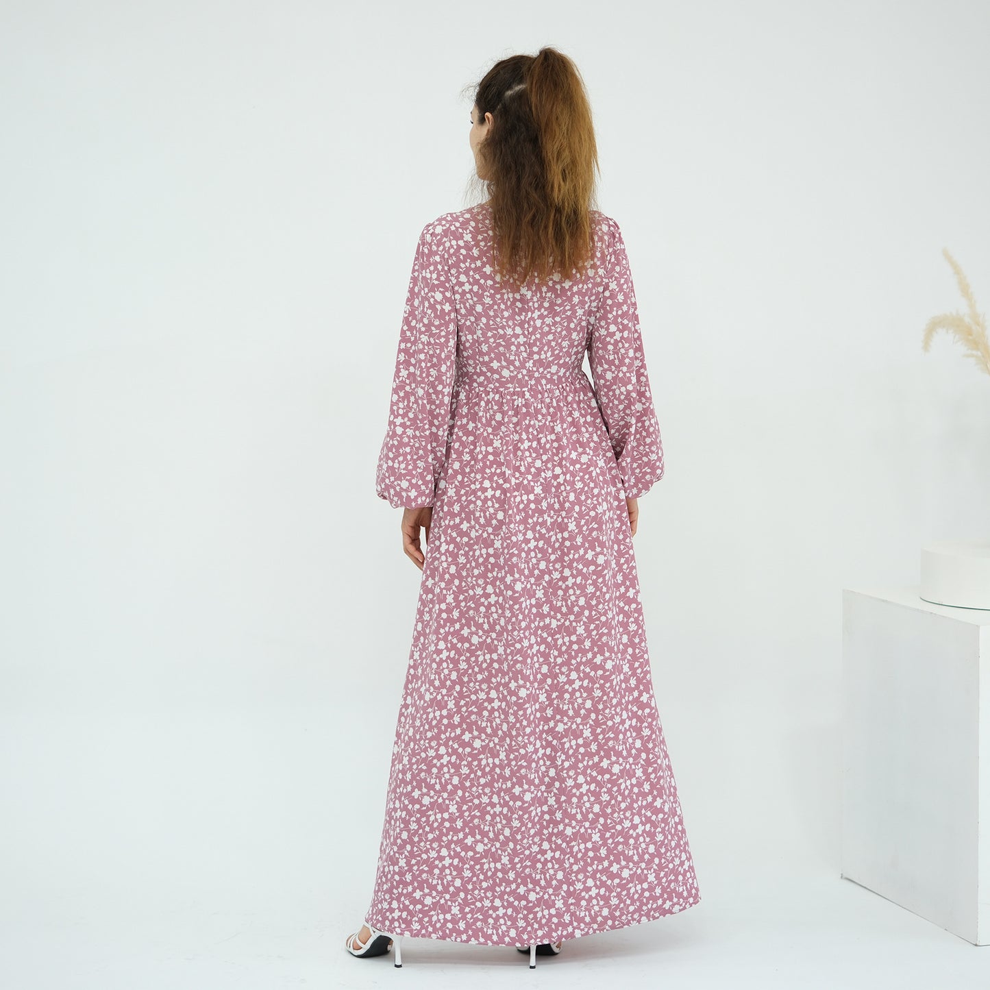 Floral Print Maxi Dress with Waist Tie Modest Long Sleeve