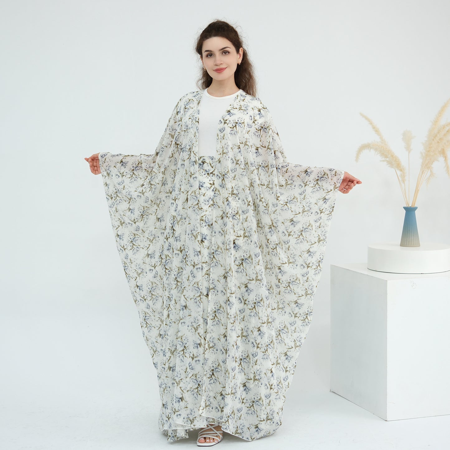 Floral Two Piece Set with Kimono Cardigan and Skirt