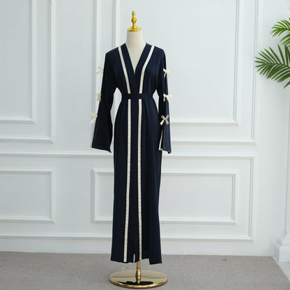 Bow Tie Open Abaya with Contrast Trim for Women