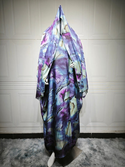 Modest Summer Fashion Satin Print Robe with Headscarf
