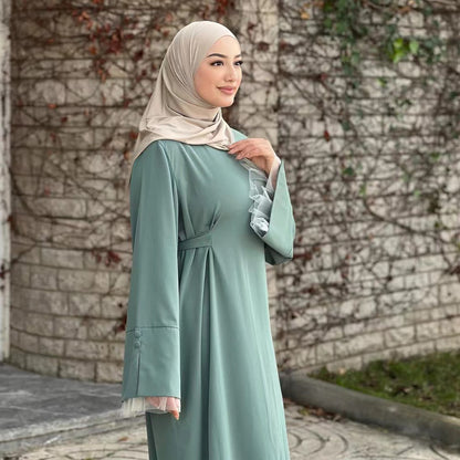 Lace Trim Maxi Dress with Waist Belt Modest Abaya Style