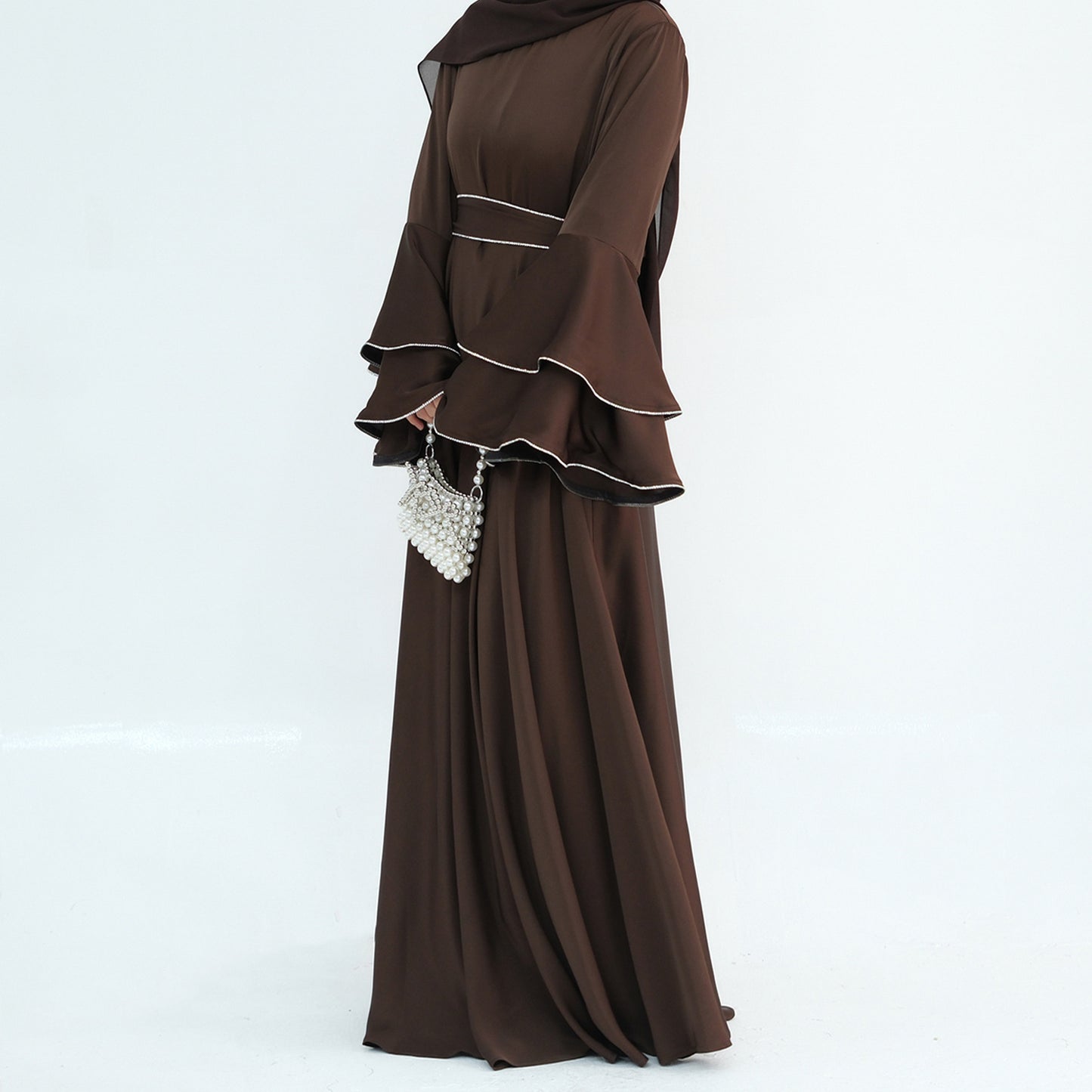 Beaded Nida Double-Layer Flare Sleeve Luxury Modest Maxi Dress