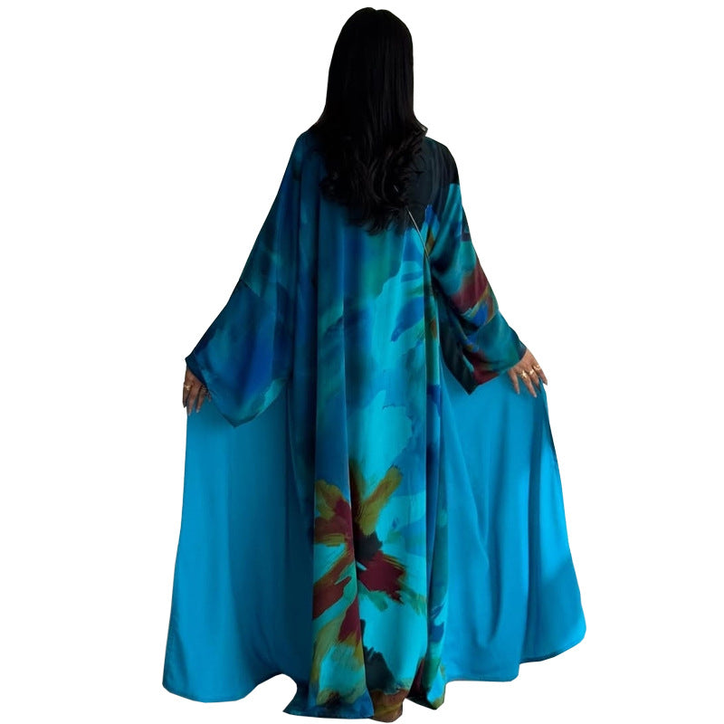 Printed Chiffon Open Abaya Cardigan Two Piece Set with Hijab