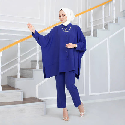 Loose Fit Batwing Sleeve Modest Two Piece Set with Shirt and Pants