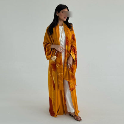 Printed Chiffon Open Abaya Cardigan Two Piece Set with Hijab
