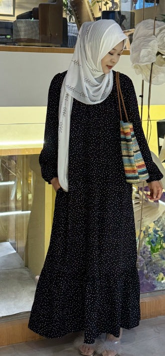 Polka Dot Ruffle Hem Maxi Dress with Puff Sleeves and Pockets