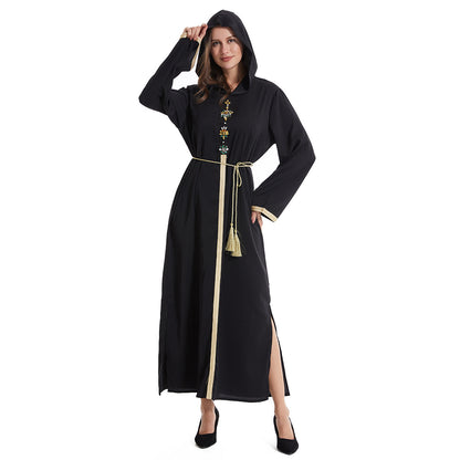 Women's Hooded Long-sleeved Hand-stitched Diamond Dress