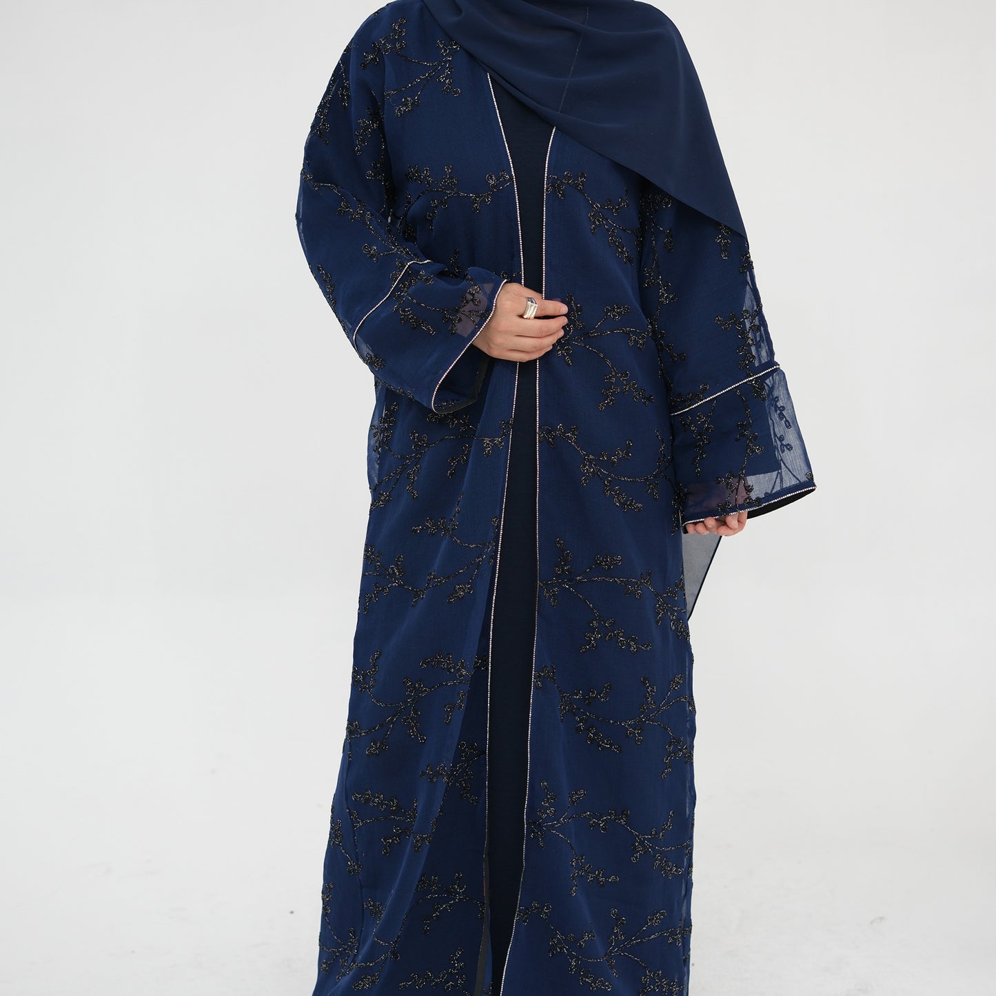Full Embroidered Open Abaya with Inner Dress Elegant Modest Style