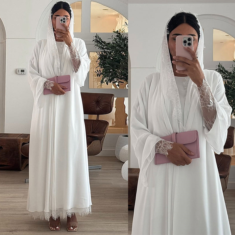White Lace Trim Abaya with Matching Scarf Elegant Chiffon Robe