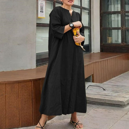 Solid Color Loose Casual Cotton and Linen Dress