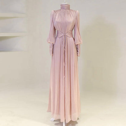 Elegant Pleated Satin Maxi Dress with Waist Belt