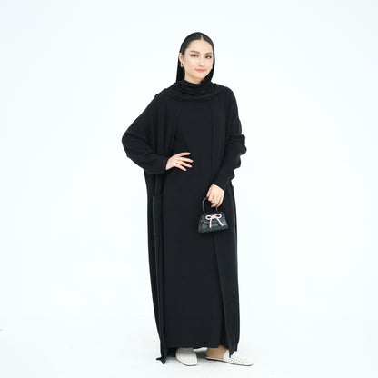 Thick Knit Two-Piece Abaya Set with Cardigan and Inner Dress