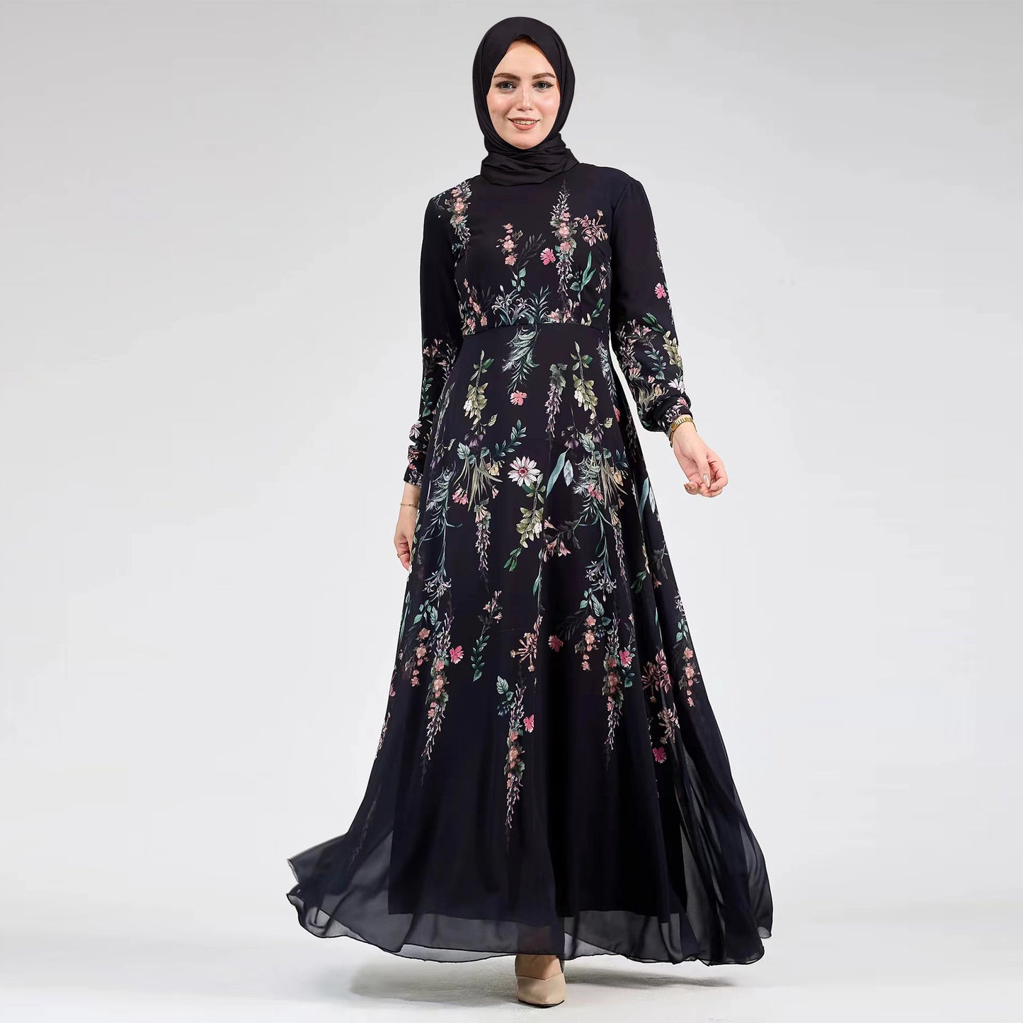 Black Floral Muslim Modest Chiffon Maxi Day Dress