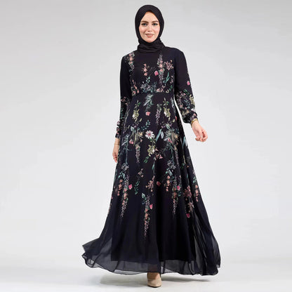 Black Floral Muslim Modest Chiffon Maxi Day Dress