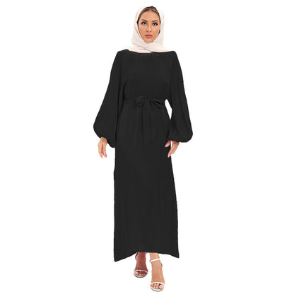 Satin Long Sleeve Maxi Dress with Bow Belt and Lantern Sleeves