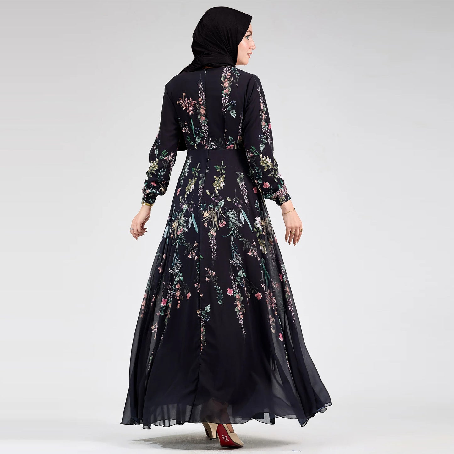 Black Floral Muslim Modest Chiffon Maxi Day Dress