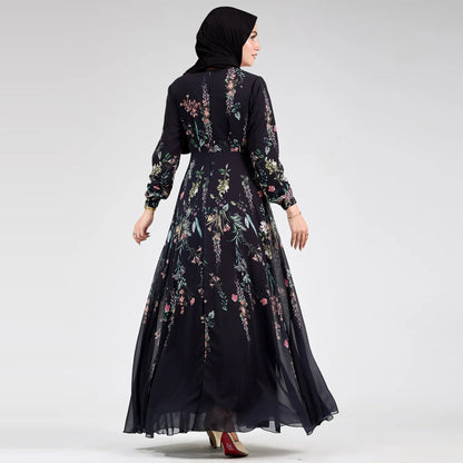 Black Floral Muslim Modest Chiffon Maxi Day Dress