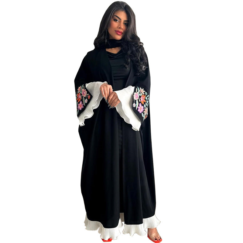 Embroidered Abaya with Pleated Hem and Floral Sleeve Detail