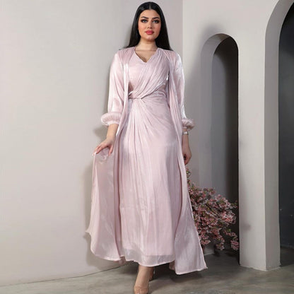 Women Plain Bright Silk Dress Two Piece Sets