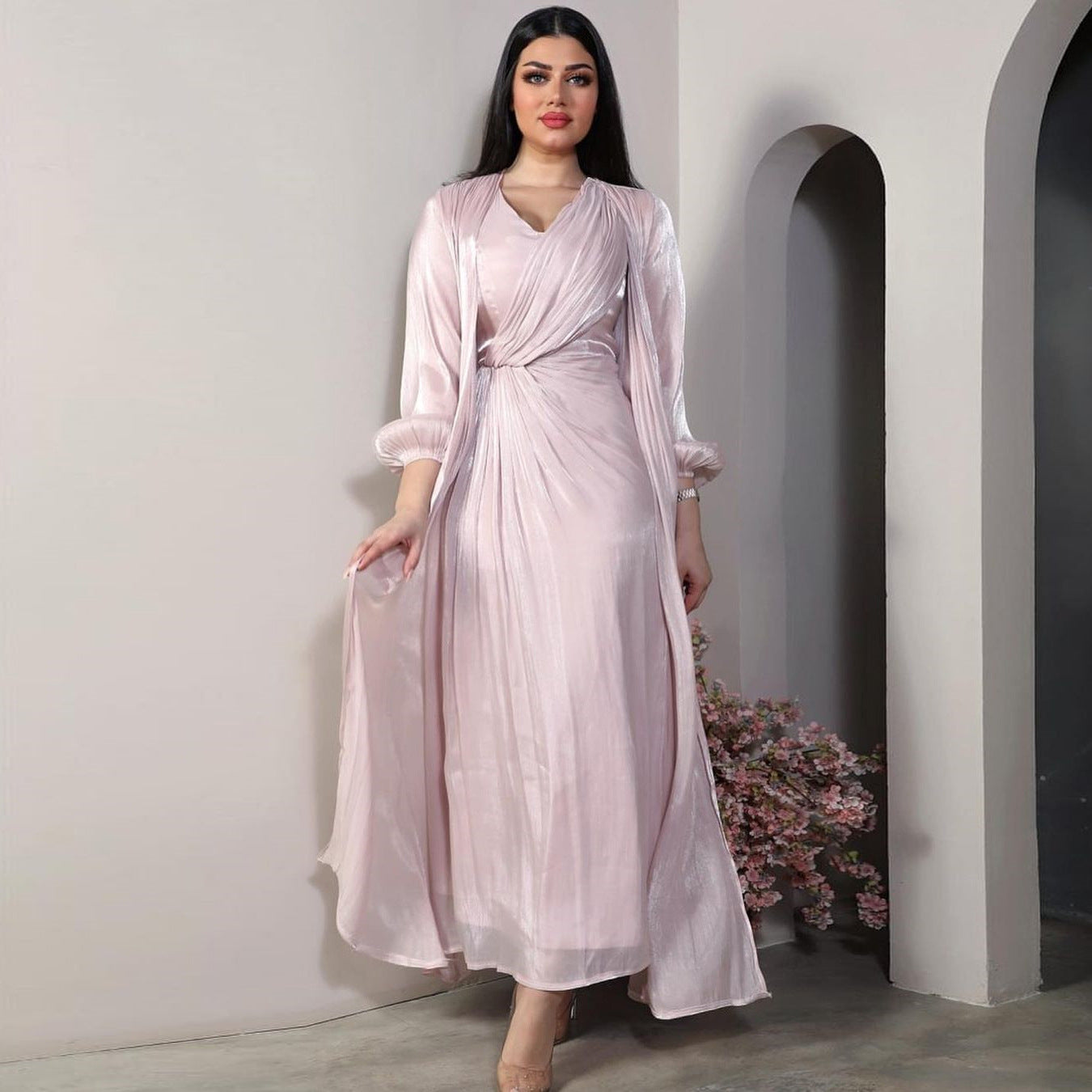 Women Plain Bright Silk Dress Two Piece Sets