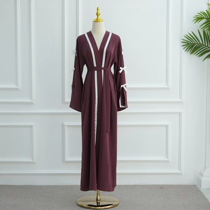 Bow Tie Open Abaya with Contrast Trim for Women