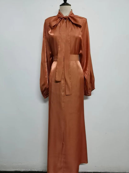 Satin Long Sleeve Maxi Dress with Bow Belt and Lantern Sleeves