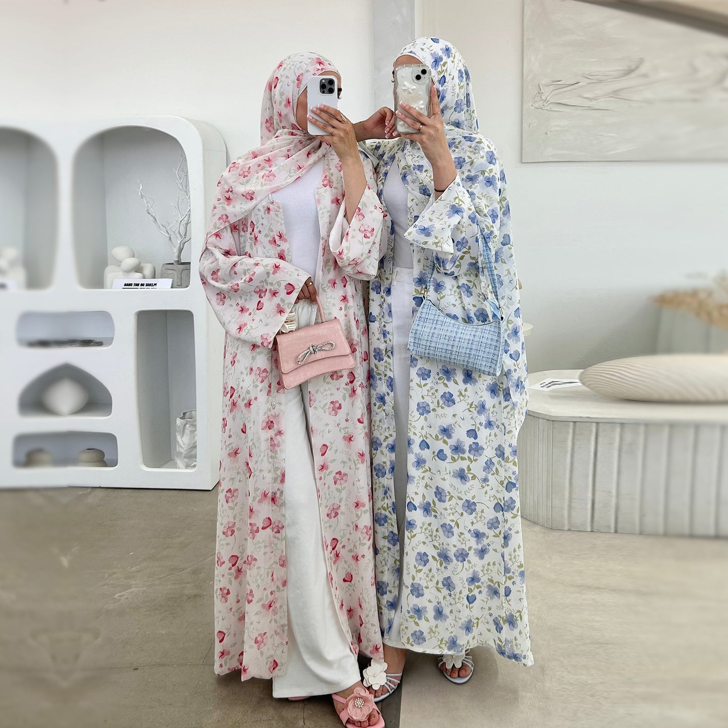 Printed Hijab Set with Double Layer Chiffon Open Cardigan