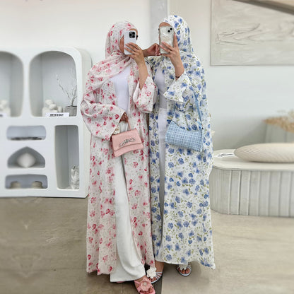 Printed Hijab Set with Double Layer Chiffon Open Cardigan
