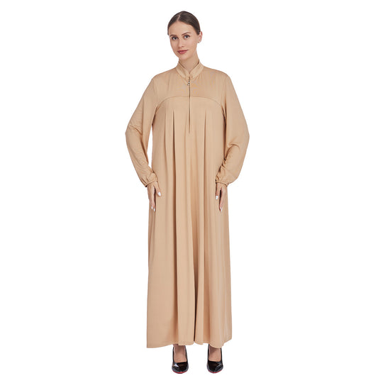 Stand Collar Maxi Dress with Pockets – Modest Long Sleeve Casual Abaya