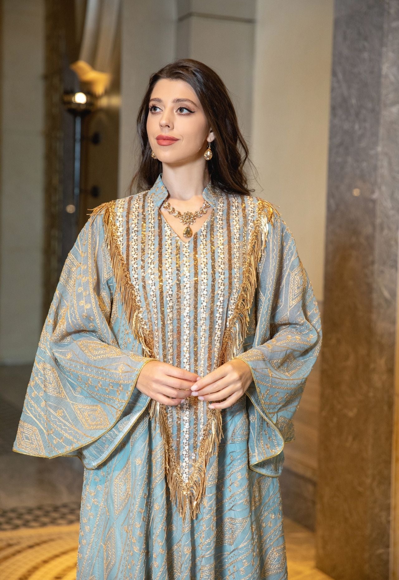 Women's Mesh Embroidered Sequin Jalabiya Dress