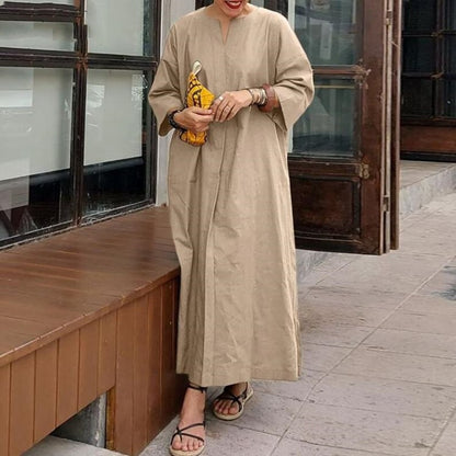 Solid Color Loose Casual Cotton and Linen Dress