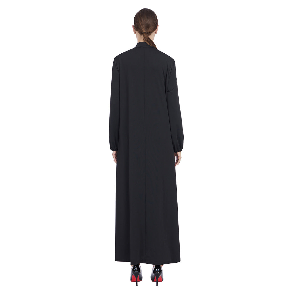 Stand Collar Maxi Dress with Pockets – Modest Long Sleeve Casual Abaya