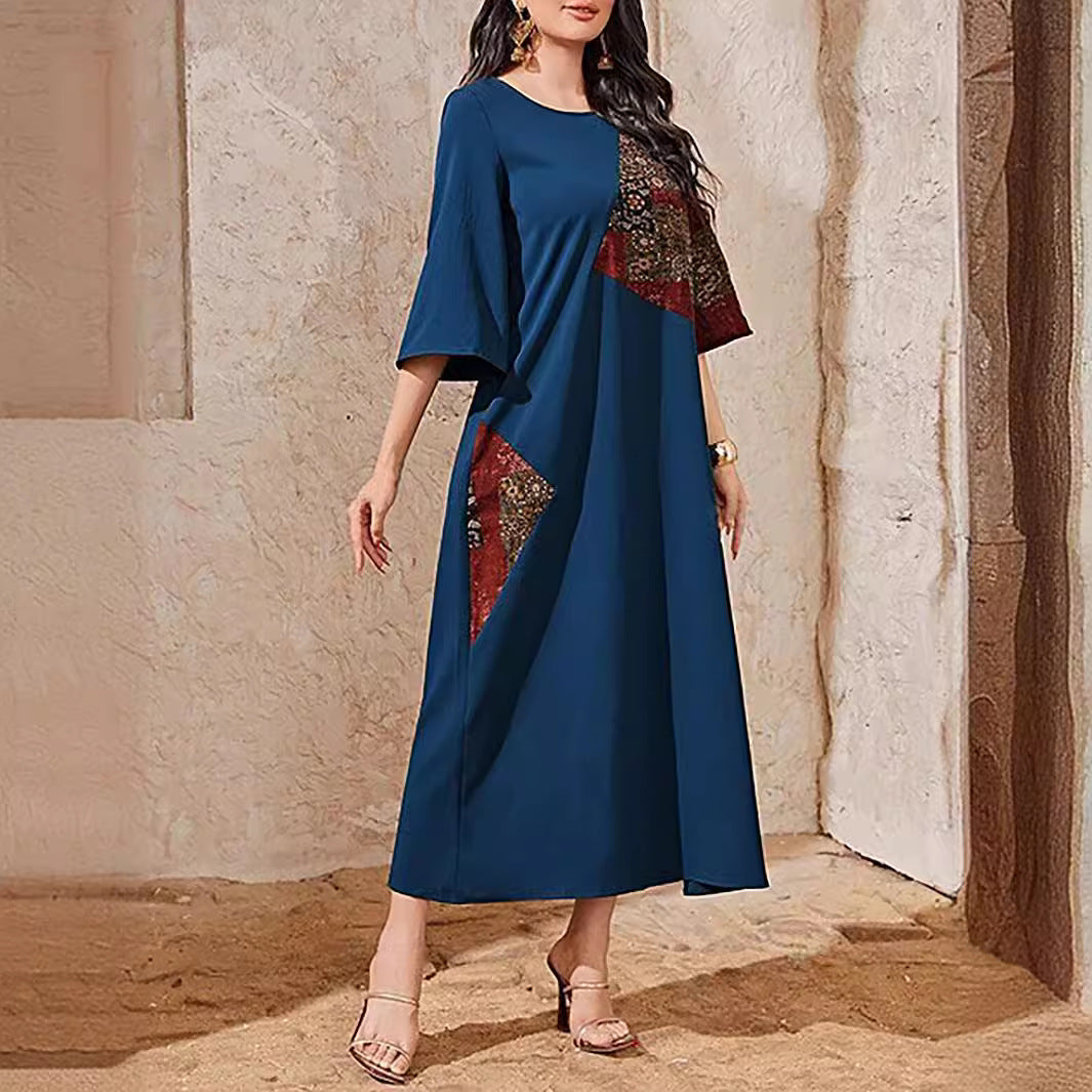 Women's Printed Patchwork Flared Sleeve Casual Dress