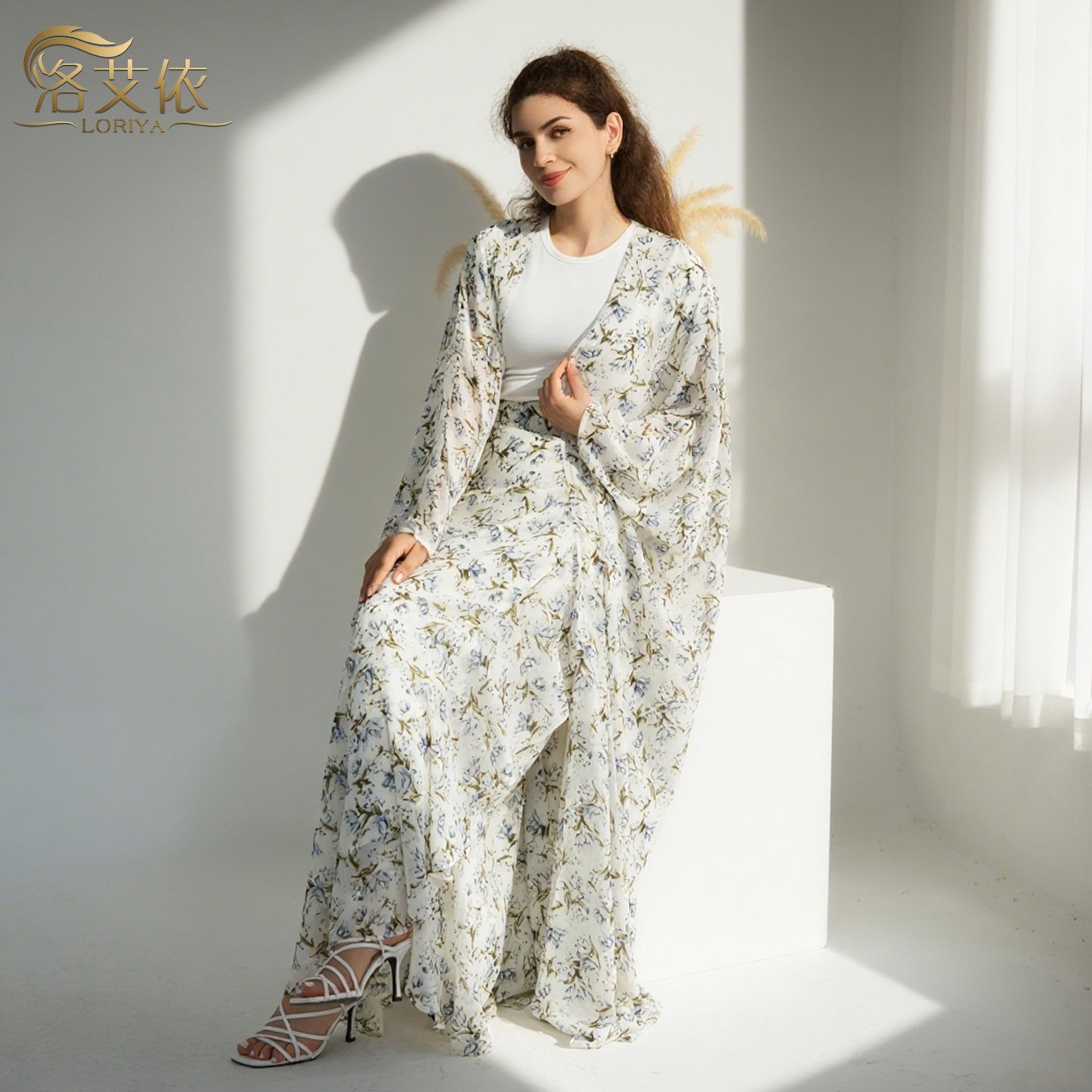 Floral Two Piece Set with Kimono Cardigan and Skirt