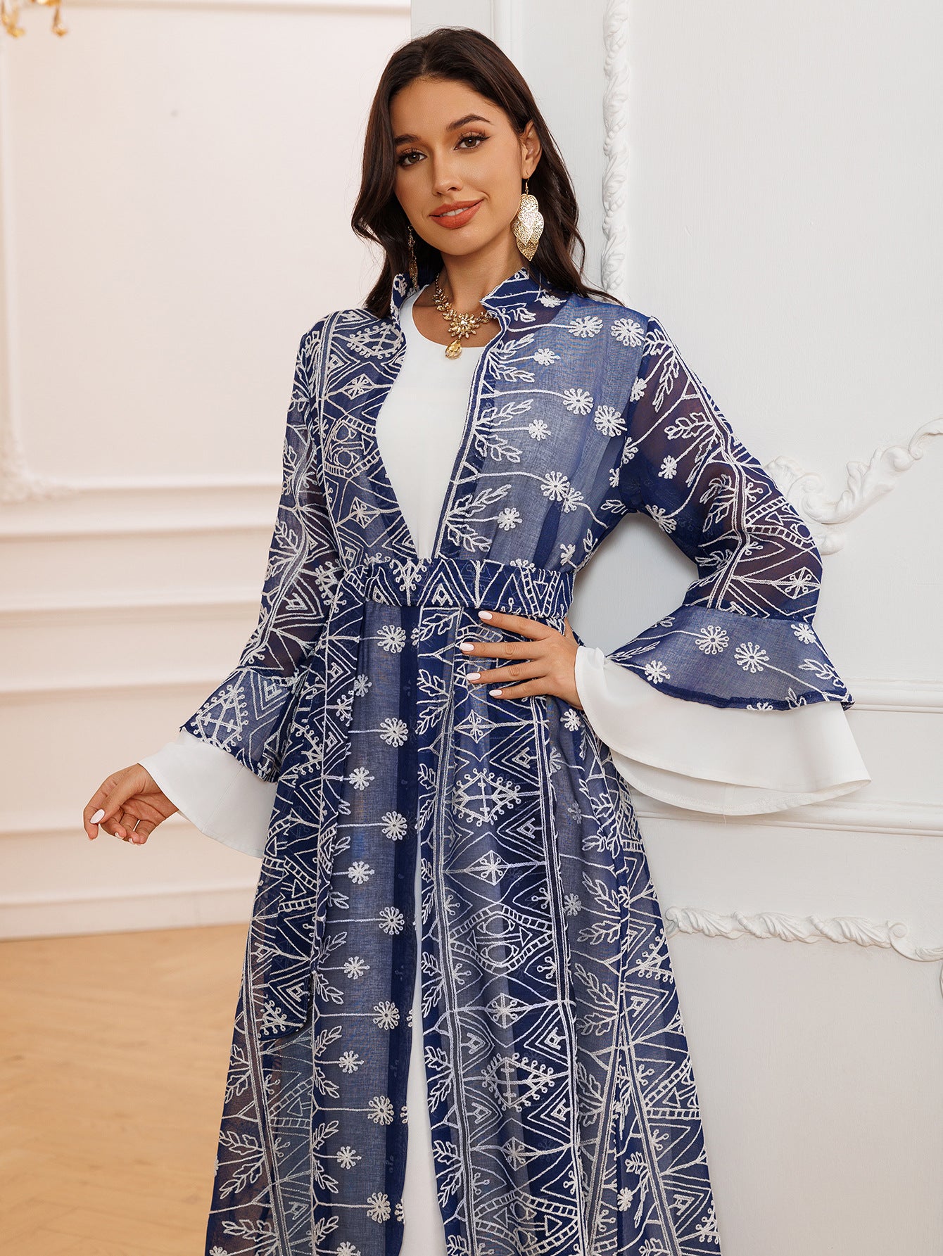 Elegant Long Skirt Embroidered Robe Two-piece Set