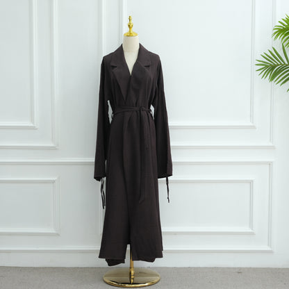 Elegant Blazer-Collar Abaya Cardigan with Ruched Sleeves