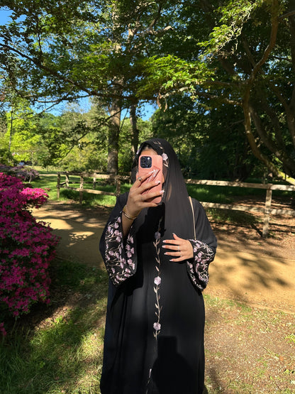 Embroidered Cardigan Abaya with Floral Sleeve Detail